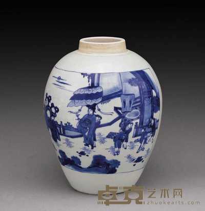 明崇祯 青花人物罐 高29cm